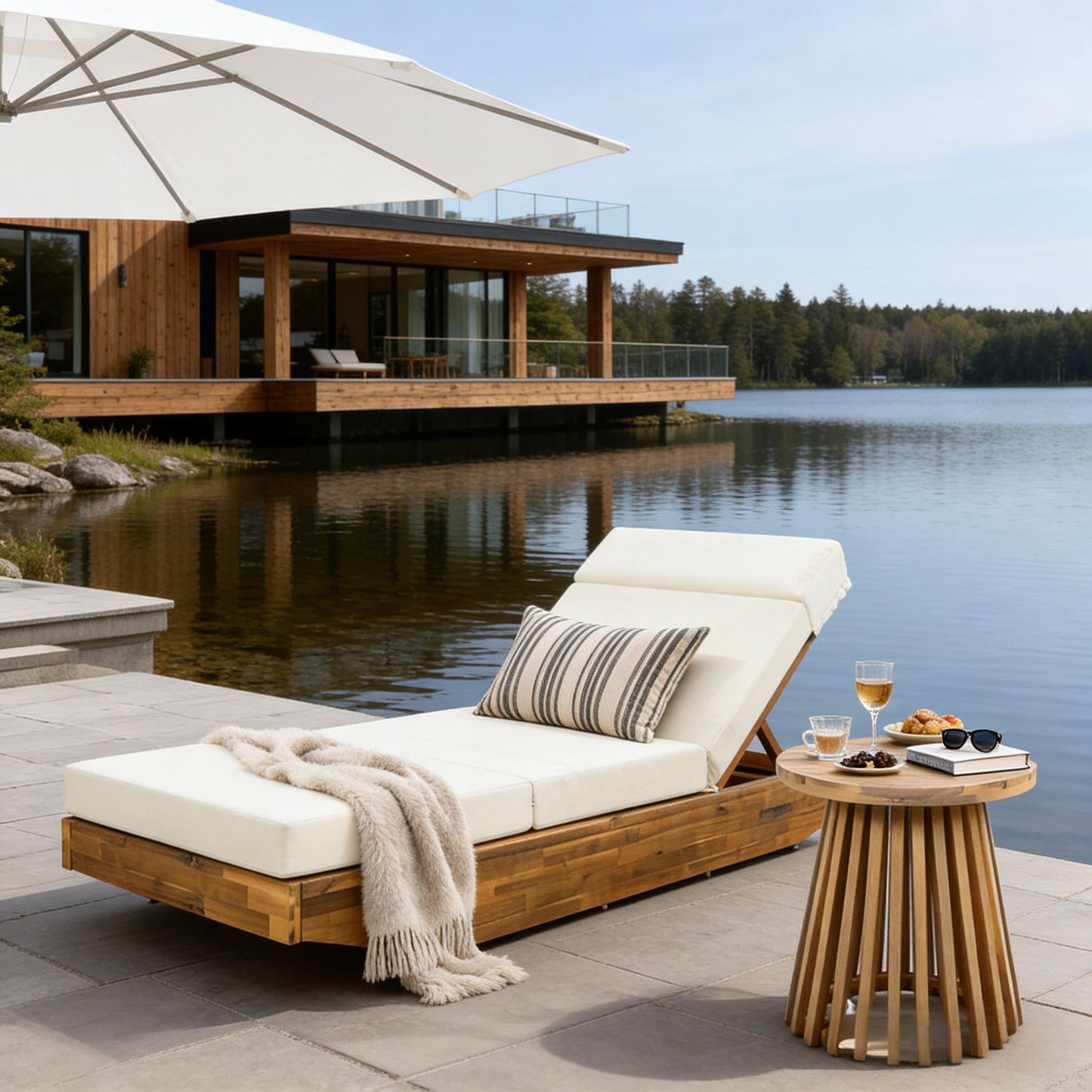 Modern Acacia Wood Outdoor Chaise Lounge With Beige Water-Repellent Cushion & Integrated Headrest, Adjustable & Foldable Design For Patio, Poolside, Garden