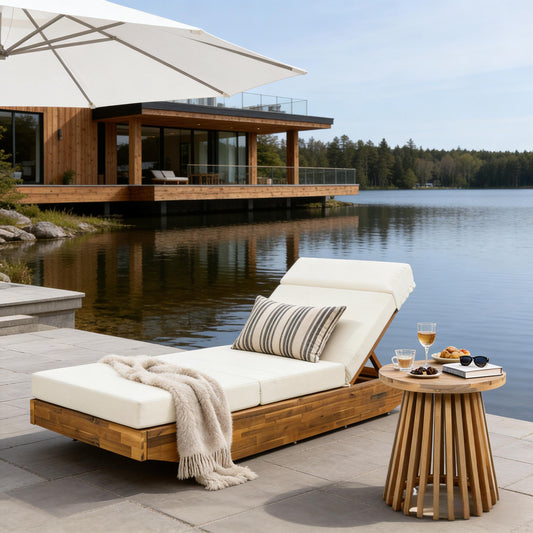 Modern Acacia Wood Outdoor Chaise Lounge With Beige Water-Repellent Cushion & Integrated Headrest, Adjustable & Foldable Design For Patio, Poolside, Garden