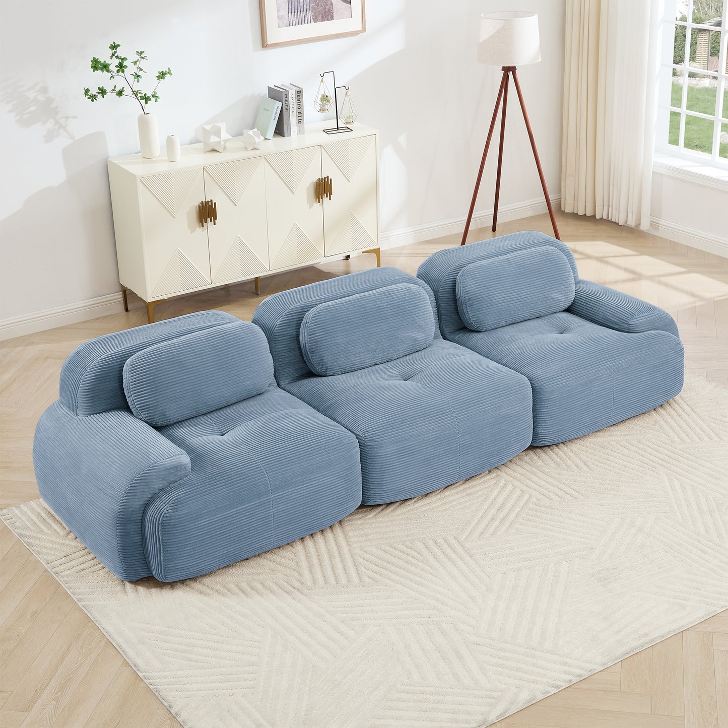 3-seat Sofa PremiumCorduroy Fabric Fabric Modular Multi-combination Anti-slip Design No Assembly Curved Armrests Ergonomic Support High-resilience Sponge For Living Rooms Bedrooms,Blue