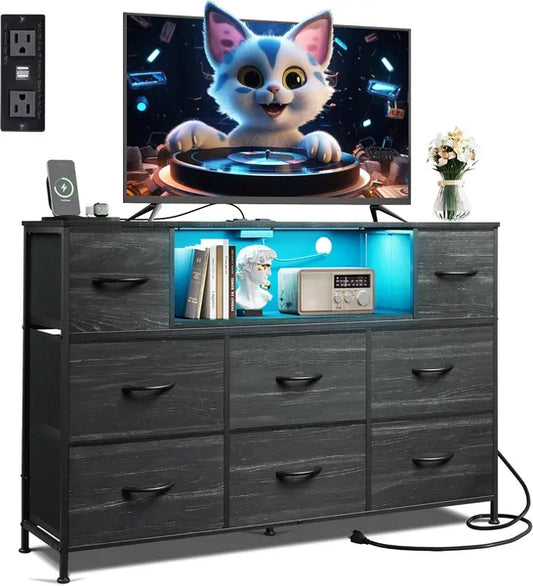 Dresser TV Stand For 45, 50, 55 Inch TV, Entertainment Center With LED Lights & Charging Station, Chest Of Drawers With 8 Fabric Drawers And Open Shelves For Living Room, Hallway, Wood Top