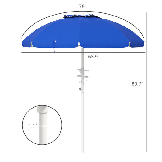5.7' Beach Umbrella For Travel With Tilt, Adjustable Height, 2 Cup Holders, Hooks, Vent, Ruffles, Sapphire Blue