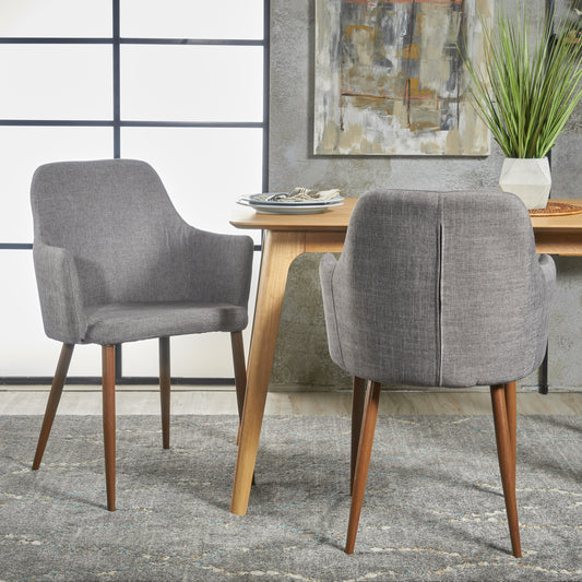Mid Century Modern Fabric Upholstered Dining Chairs Armchairs, Set Of 2, Light Grey And Dark Walnut