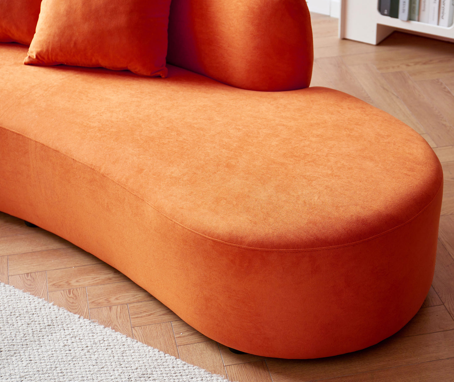 90   Curved Sofa With Throw Pillows, 4 Seater Luxury Velvet Couch With Half Moon Design And High-Density Foam, Ideal For Modern Living Room, Office & Apartment, Red Orange