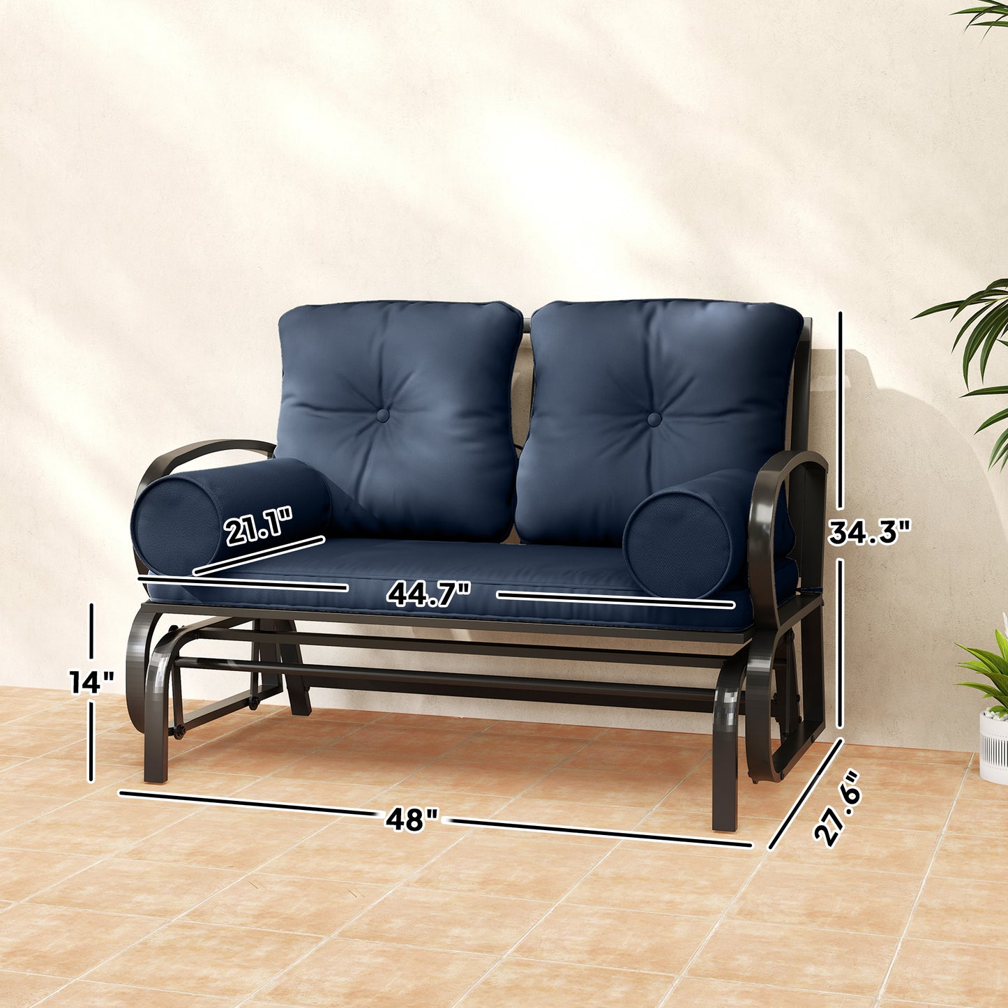 Swing Glider Rocking Chair, Double Patio Bench, 2 Person Loveseat With Steel Frame, Cushions, Pillow Armrests, Blue