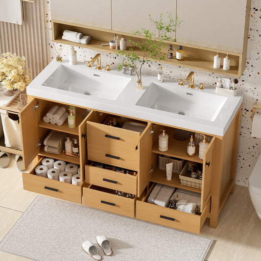 59.3  Bathroom Vanity With Solid Wood Frame & MDF Cabinet, Double SMC Resin Sink, Soft-Close Doors And Drawers, 4 Doors, 5 Drawers, Adjustable Shelves, Black Handles