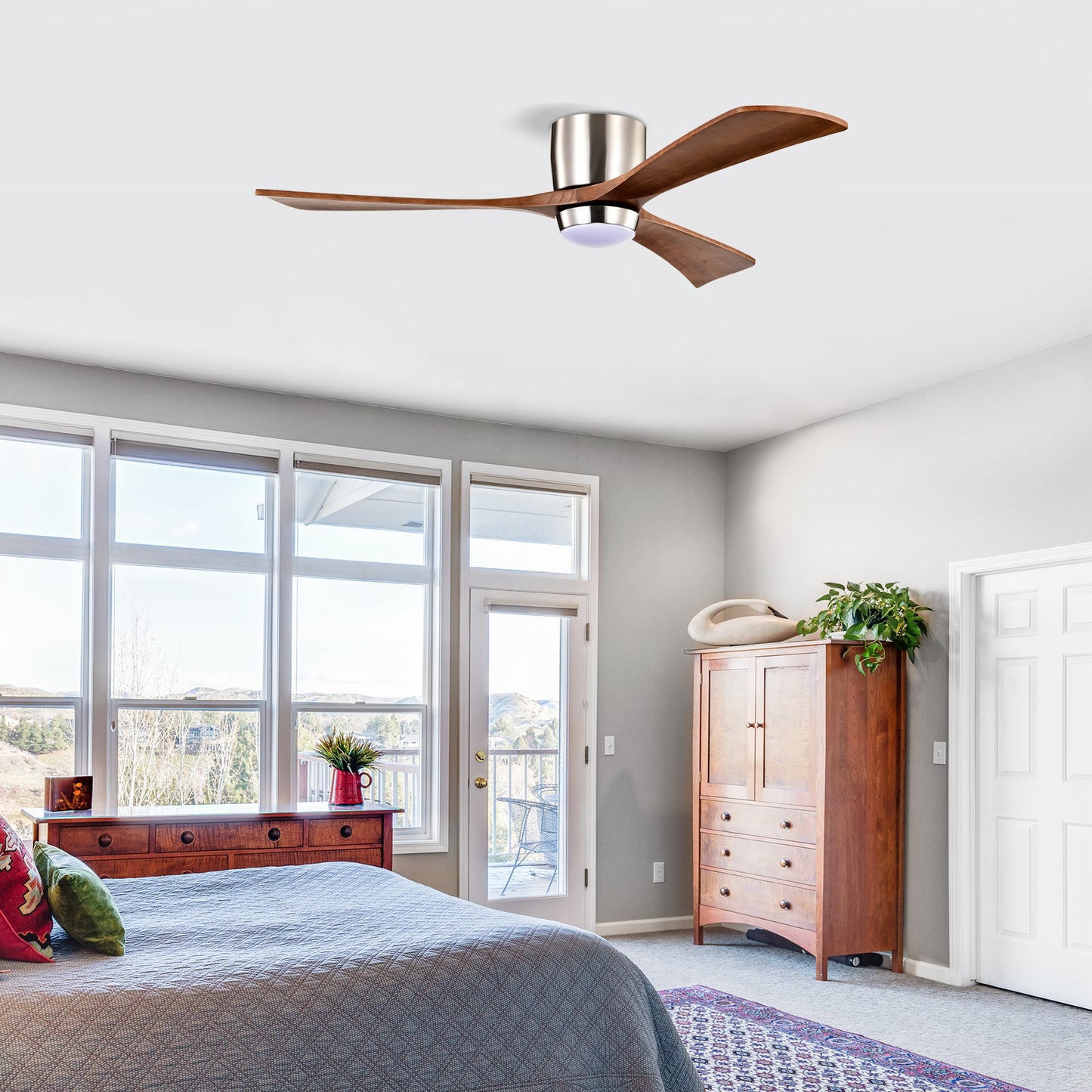 Ceiling Fan With Lights Remote Control,Quiet DC Motor 3 Wood Blade Ceiling Fans 6 Speed Levels,Reversible Ceiling Fan, For Patio Living Room, Bedroom, Office,Indoor. Stain Nickel Walnut