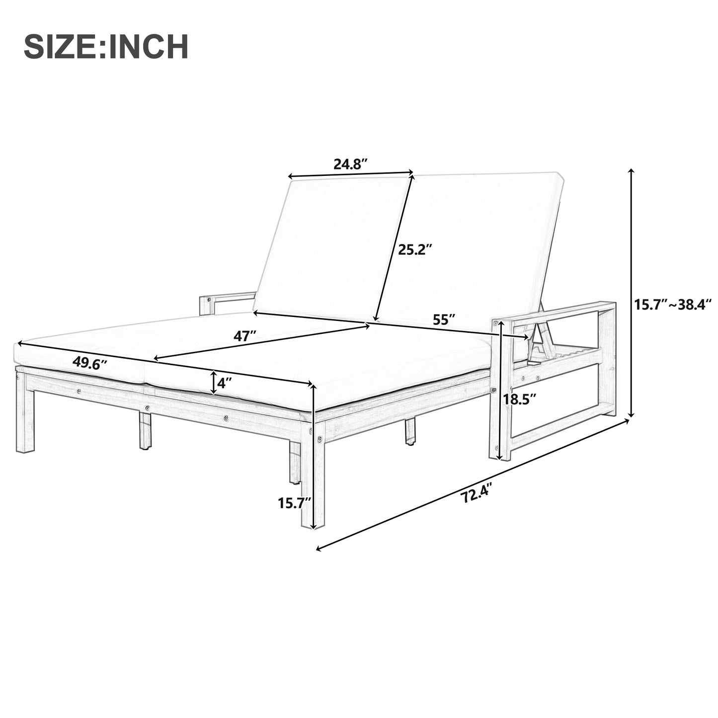 TREXM Outdoor Double Lounge Chair With 5-Position Adjustable Backrest For Each Seat  Wood Patio Chaise Lounge With Removable Cushions For Patio  Poolside  Garden  Light Teak Beige Cushion
