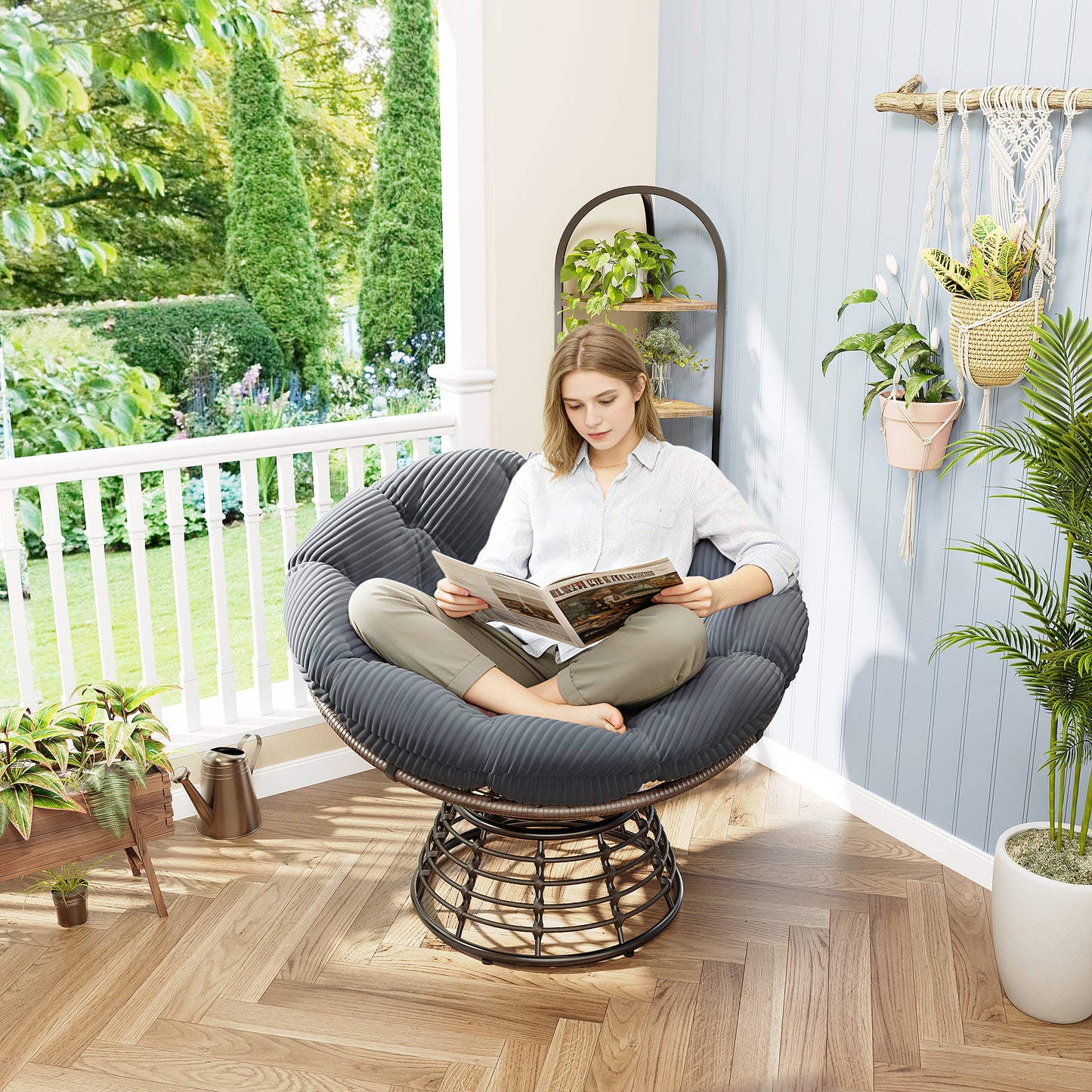 Comfortable Ergonomic Wicker Papasan Chair, 360 Swivel Indoor Outdoor Rattan Chair With Soft Thick Cushion, Ideal For Living Room, Bedroom, Reading Room, Brown Frame With Grey Cushion