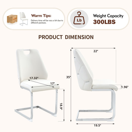 Dining Chairs Set Of 2, White Faux Leather Kitchen Chairs With Gold Mesh Texture, Silver Back Ring And Chrome Pull Handle, High Back Upholstered Dining Room Chair   White, Set Of 2