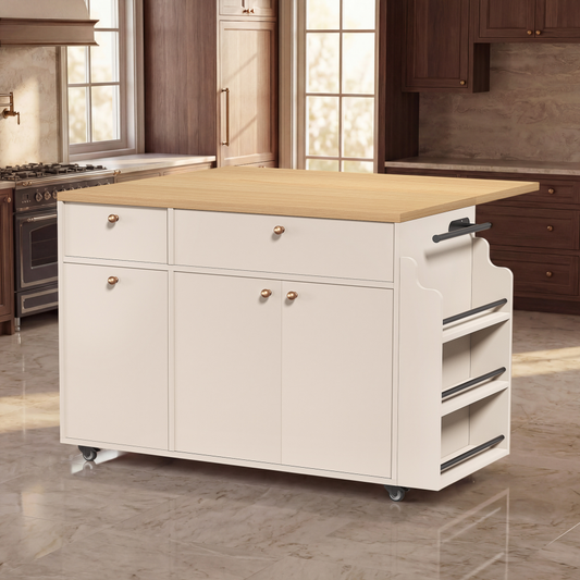Kitchen Island With Storage Rolling Kitchen Island Cart With Drop Leaf Extension, Natural Wood Top, Drawers, Spice Rack, Towel Bar, Mobile Kitchen Cart For Kitchen & Dining Room, White