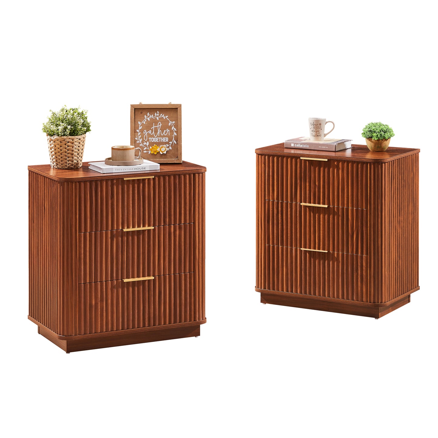 3 Drawers Nightstand Set Of 2, 23.6  Wide Modern Chest Of Drawers Curved Wave Design, Nightstand, Wood Drawer Organizer For Bedroom, Living Room, Hallway, Walnut,23.6 W X 15 D X 25.2 H.