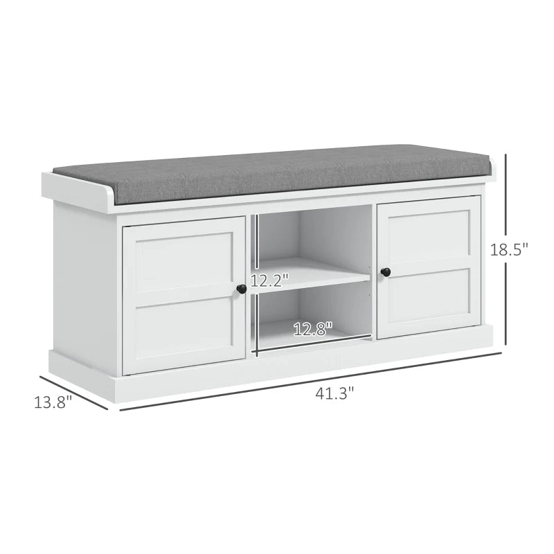 Shoe Storage Bench With Cushioned Seat, Entryway Bench Seat With 2 Cabinets And Adjustable Shelf For Hallway, White