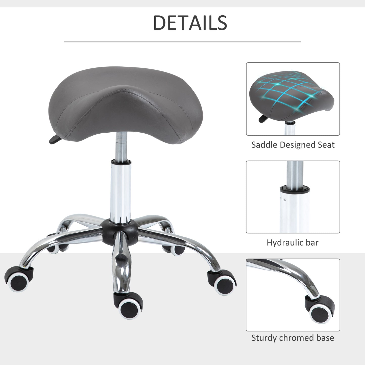 Rolling Saddle Stool Ergonomic PU Leather Height Adjustable Hydraulic Spa Chair Grey