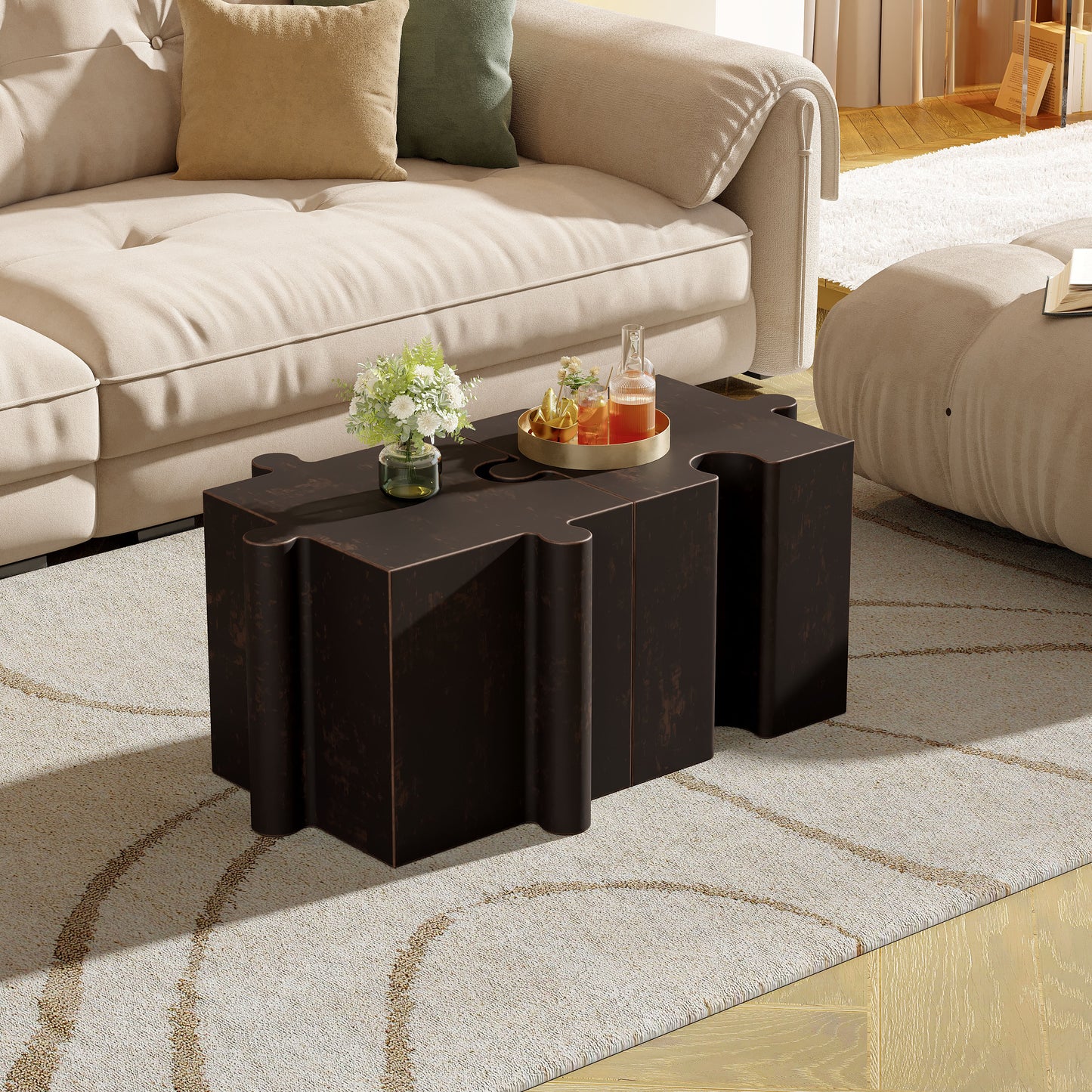 2-Piece Artistic Puzzle Table Set,Modular MGO Side Tables With Interlocking Design  1 Convex & 1 Concave , 200lb Capacity For Indoor & Outdoor, Antique Copper Color