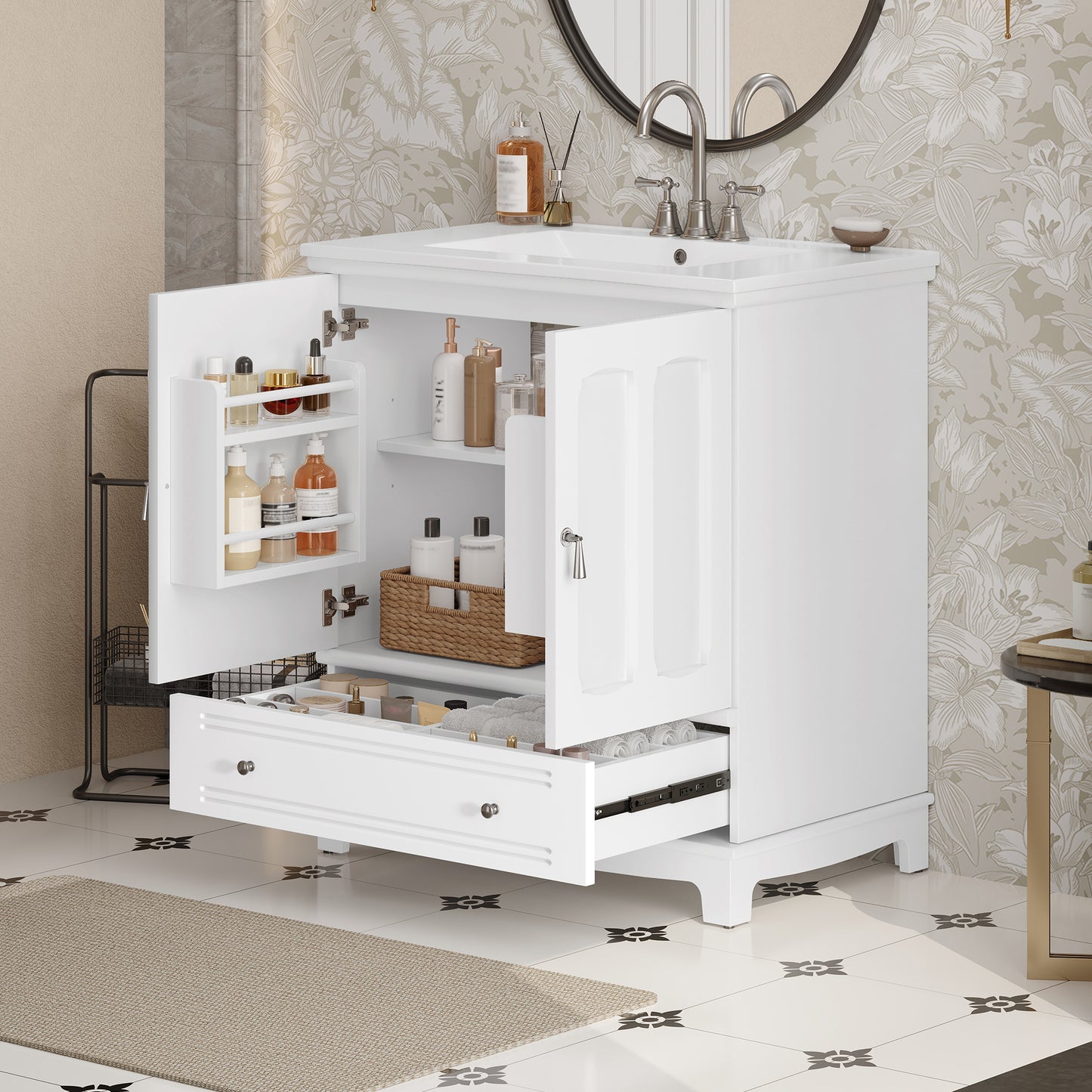 30   Bathroom Vanity With Ceramic Sink, Solid Wood Frame Bathroom Sink Cabinet With Adjustable Shelf, Drawer With Divider, Solid Wood Feet