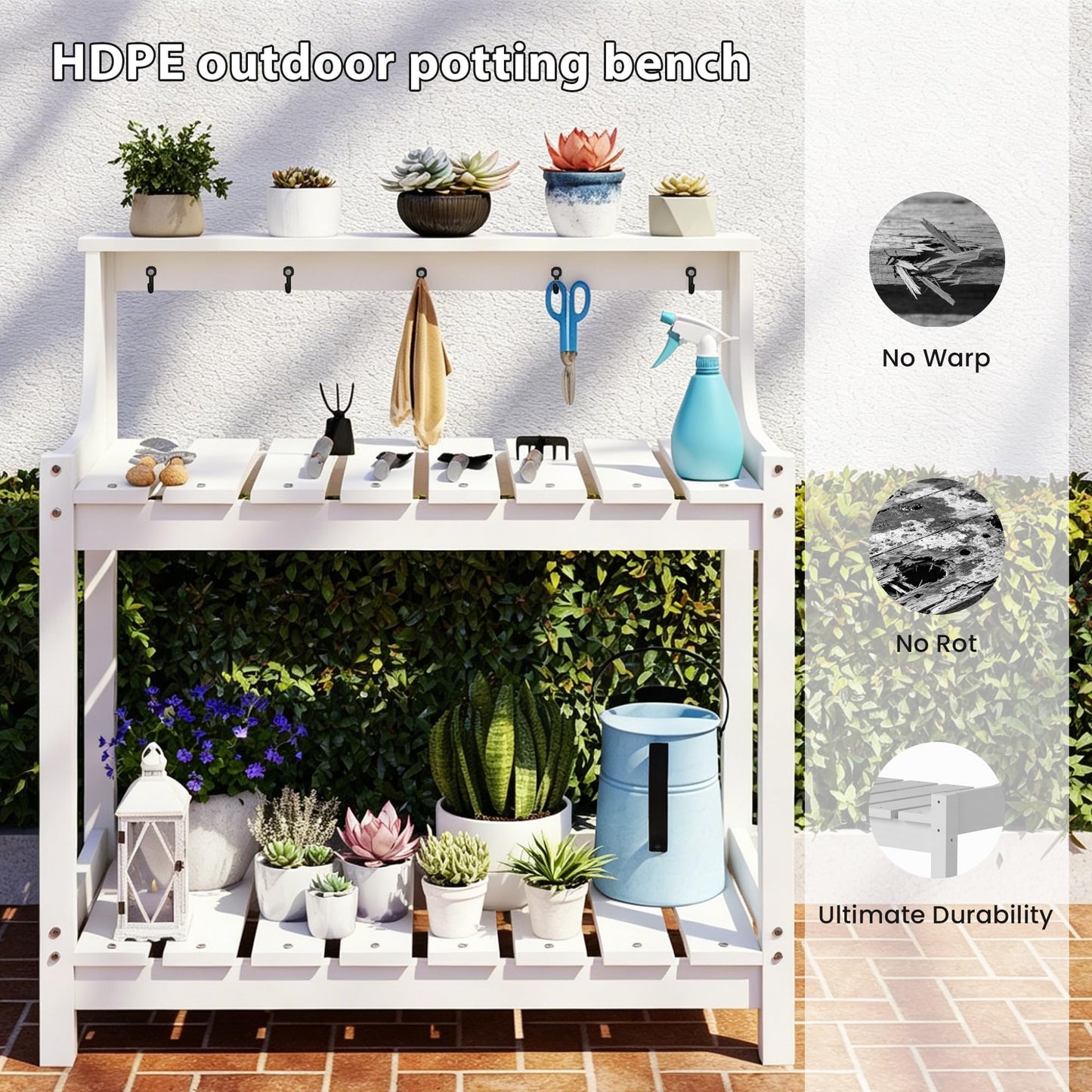 Potting Benches For Outside, HDPE Garden Potting Table All Weather, Outdoor Potting Table With Storage For Patio, Backyard, Garden, White