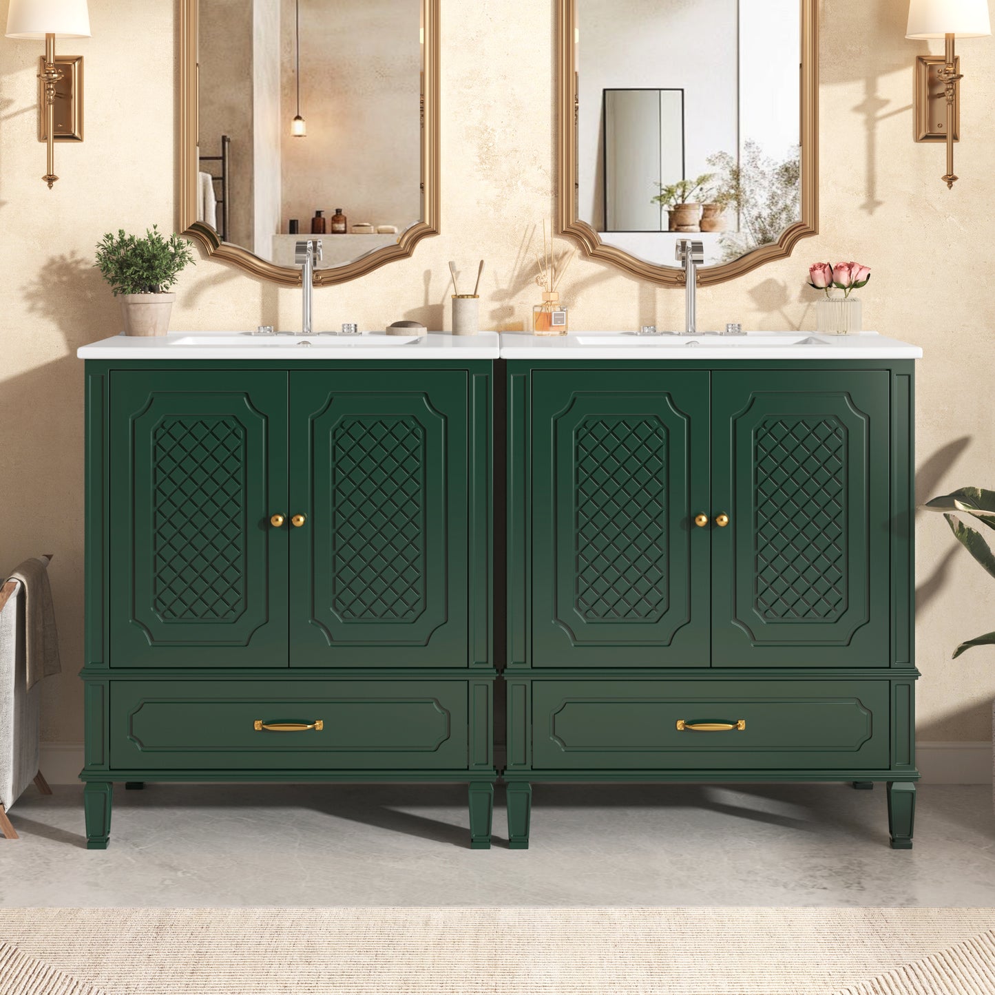 60  Bathroom Vanity With Double Sink Combo Set, 2 Cabinet With Door Organizers, 2 Drawers, Green