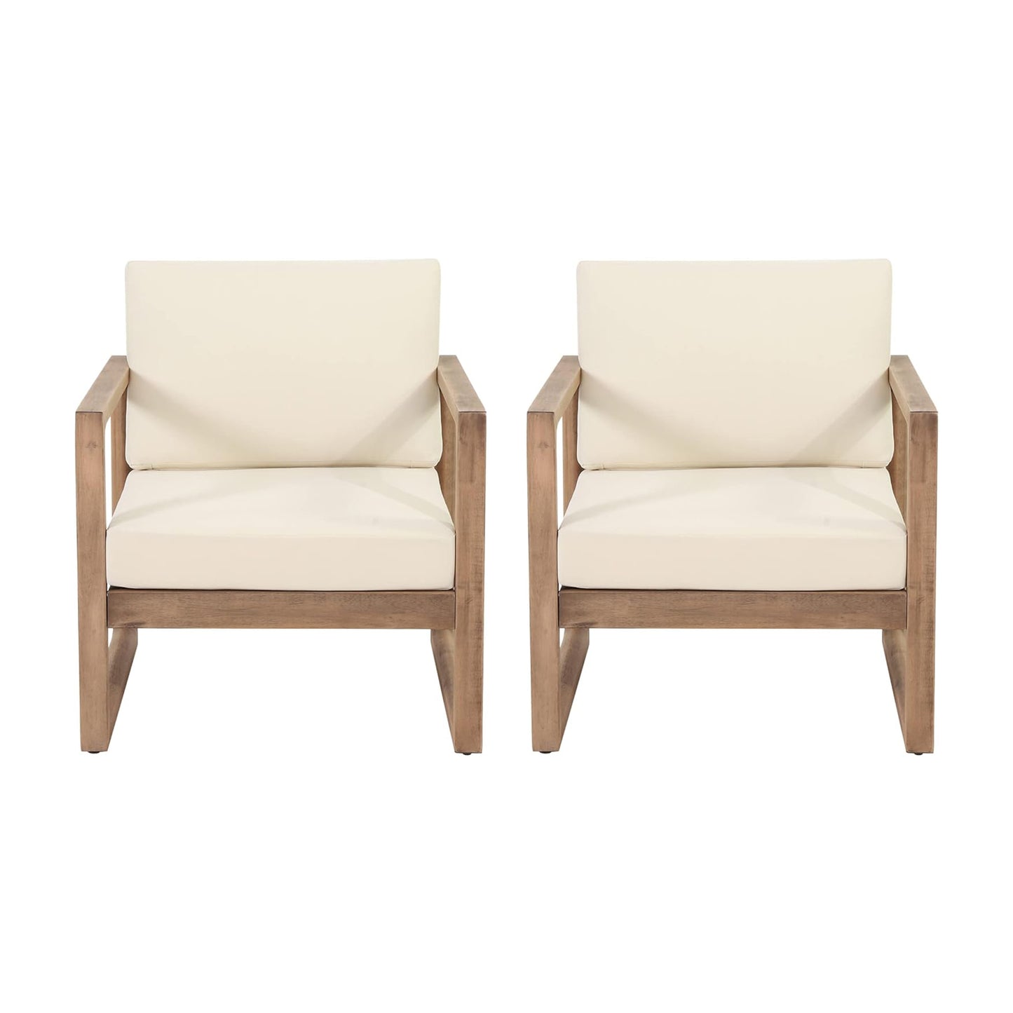 Set Of 2, Outdoor Acacia Wood Patio Club Chair, Wood Patio Furniture,Waterproof Thick Cushion Deep Seating For Porch, Garden, Backyard, Balcony, Brown Wash And Beige Cushion