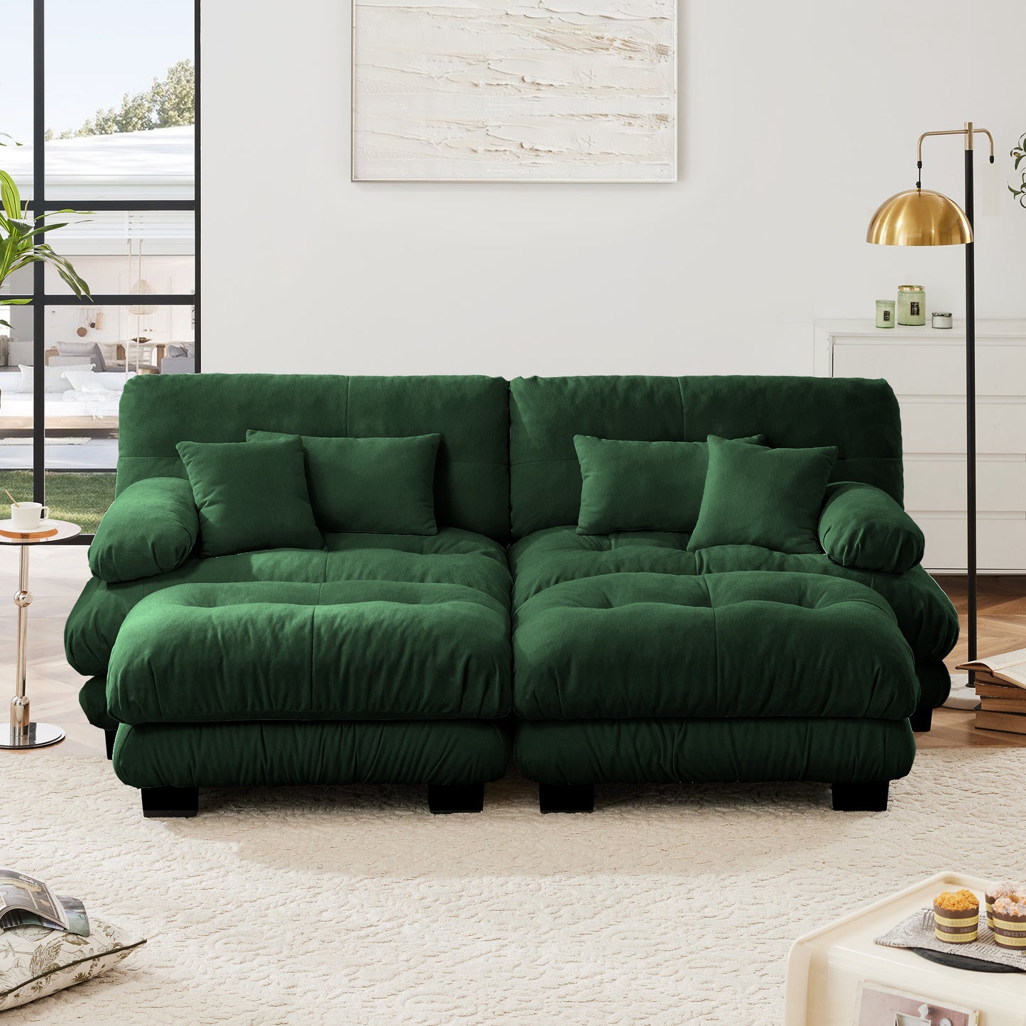 Cloud Couch Sleeper Sofa For Living Room, Chenille 2 Seater Sofa With 2 Lumbar Pillows And 2 Throw Pillows , Upholstered Wide Arm Sofa With 2 Ottomans,Chenille Green