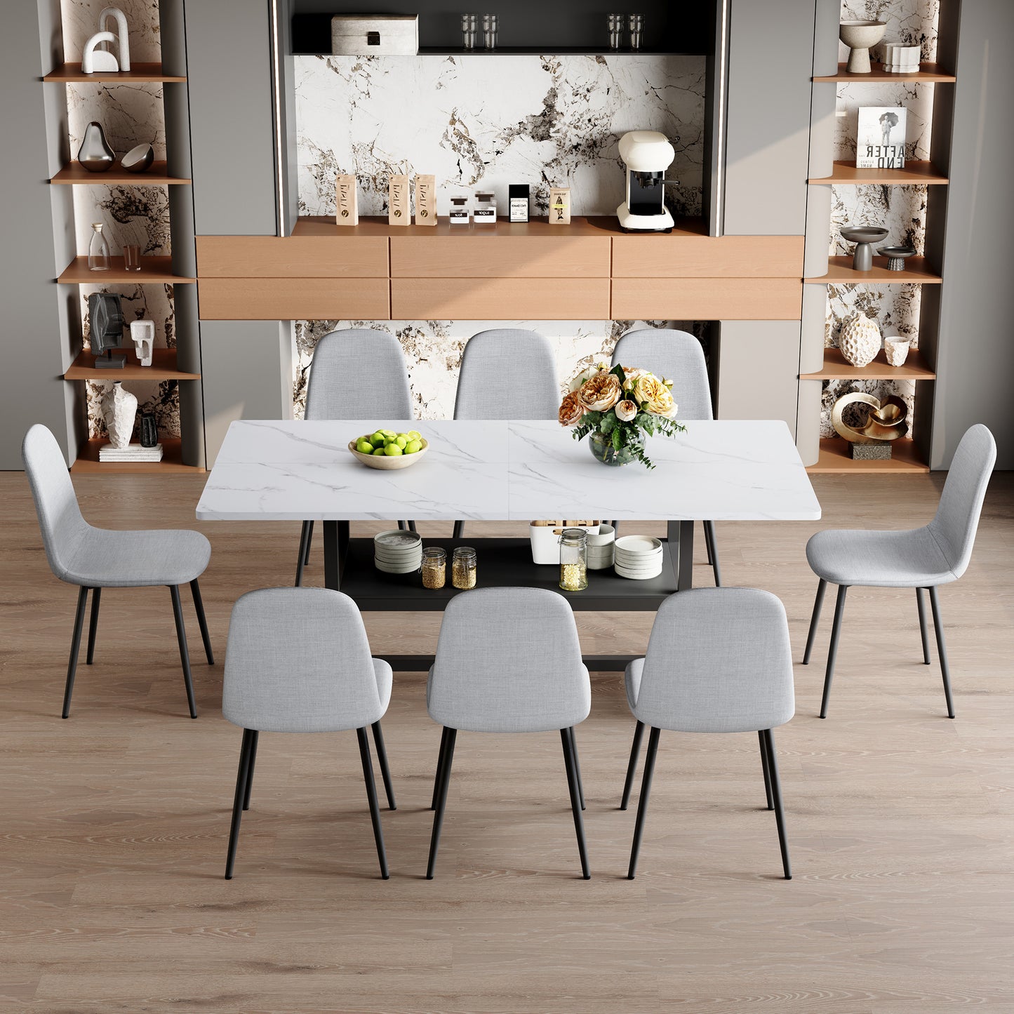 Table And Chair Set.71x35.4 Inch White Grain Spliced Dining Table With Storage Function In The Middle Of The Table Legs.Paired With 8 Light Gray Linen-Cotton Material High Resilience Dining Chairs.
