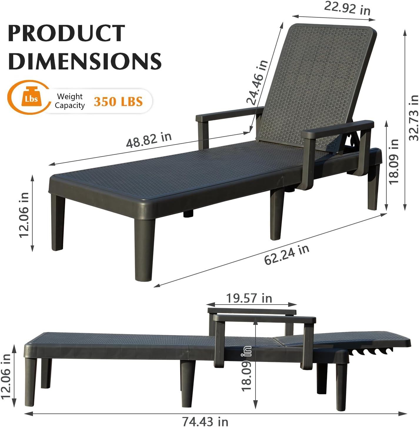 Pool Lounge Chairs Set Of 2, Outdoor Lounge Chairs With 6 Positions Backrest Adjustable Armrest, Resin Waterproof Chaise Lounge Outdoor For Poolside Patio Garden Deck