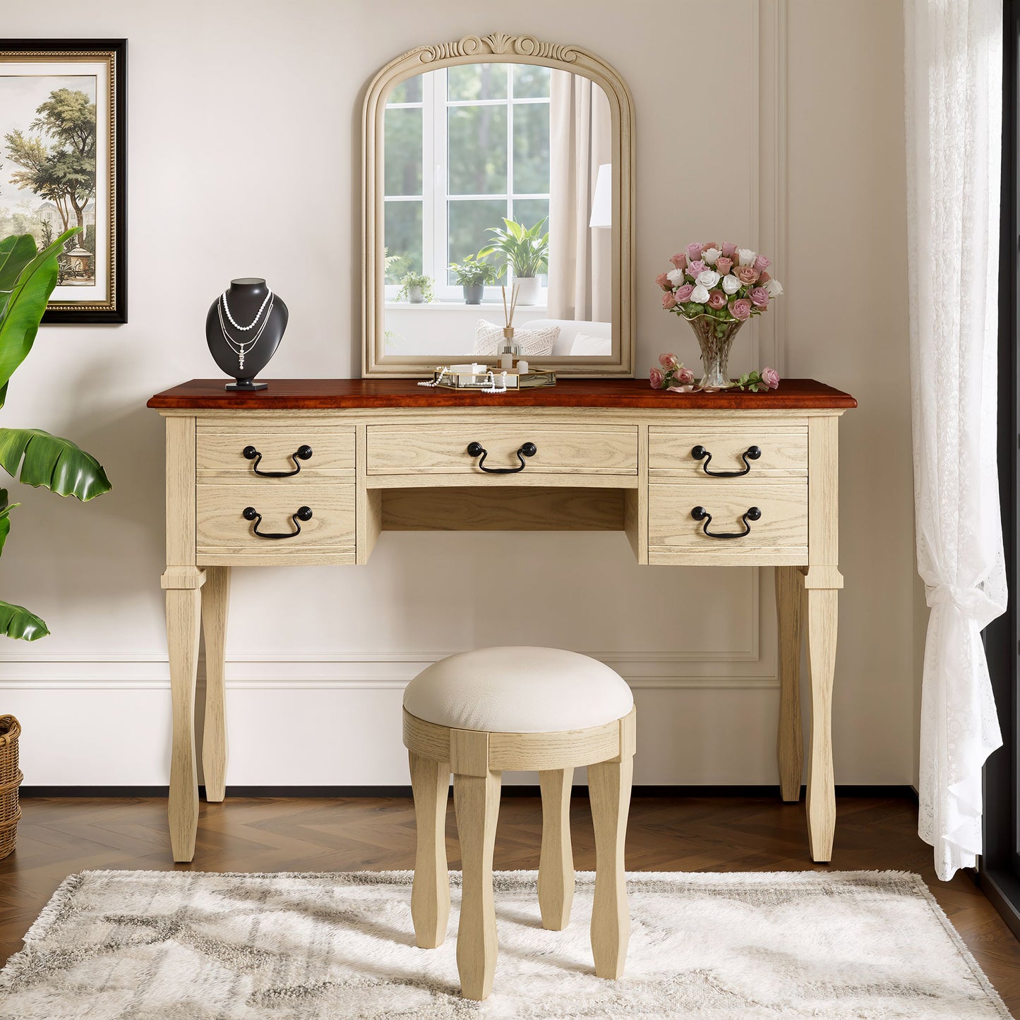 46 Vintage Makeup Vanity With  Curved Flower Frame Mirror, Elegant Dressing Table With 5 Drawers And Leather Stool, Vanity Desk With Solid Wood Legs And Antique Handles For Bedroom