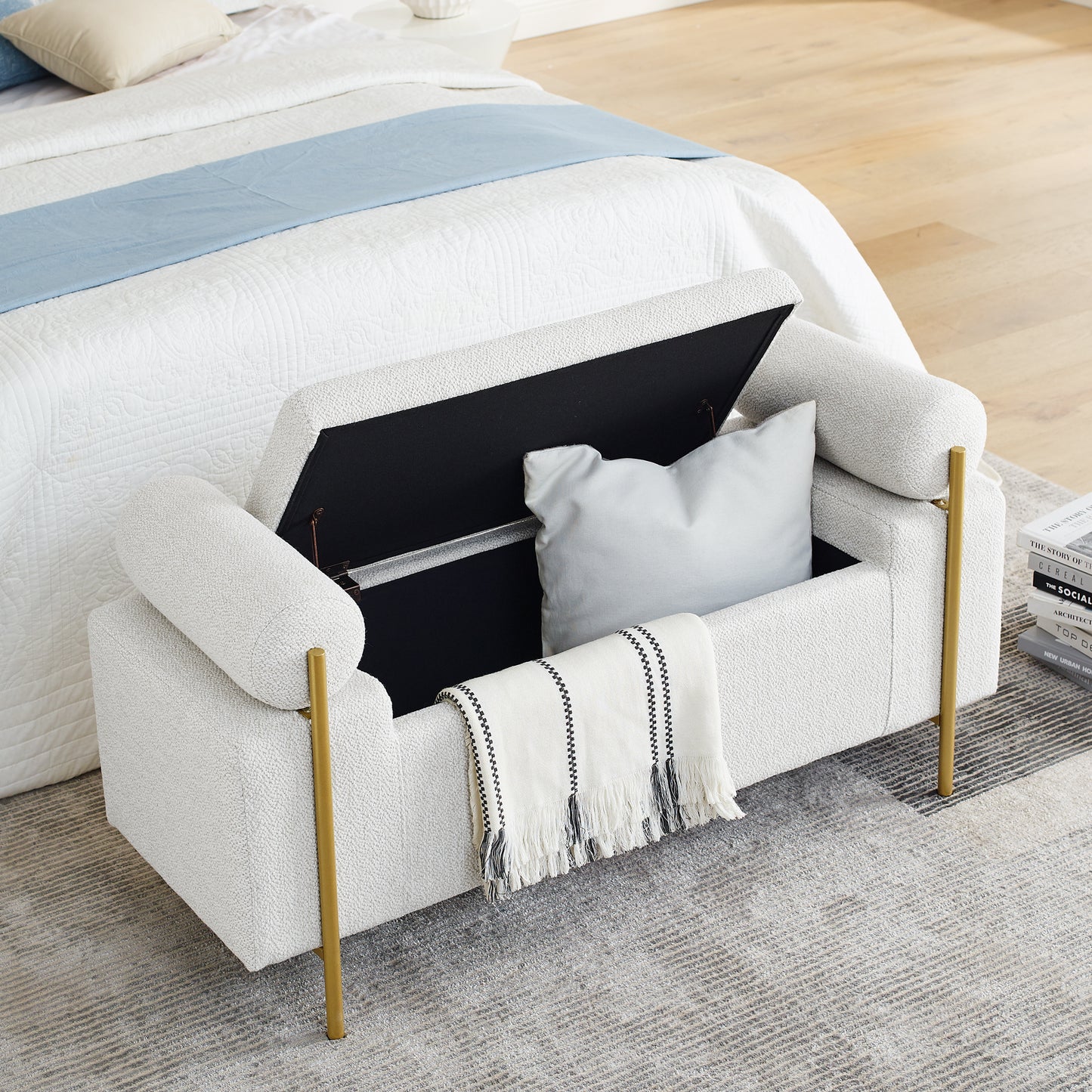 Elegant Upholstered Linen Storage Bench With Cylindrical Arms And Iron Legs For Hallway Living Room Bedroom, White