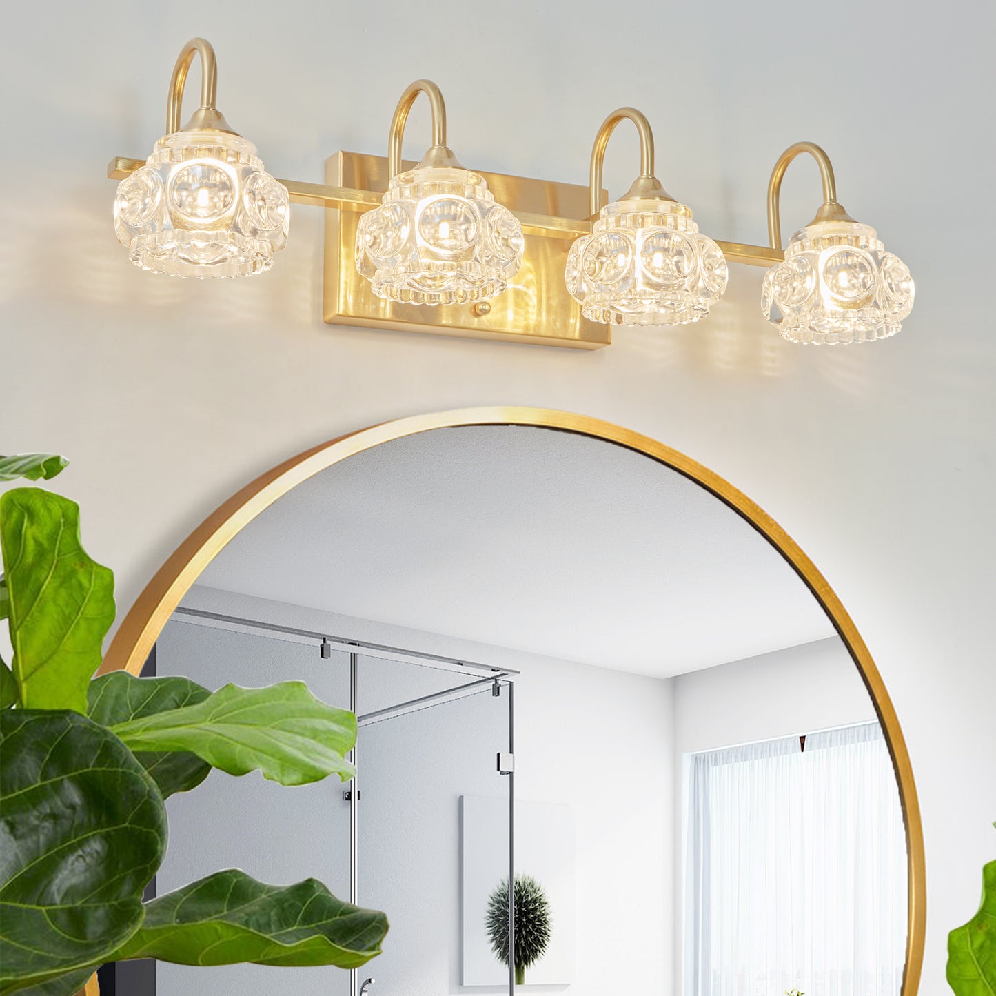 23  Modern Crystal Bathroom Vanity Light, 4-Light Golden Wall Sconce With Clear Glass Shade, Elegant Wall Mount Lighting For Bathroom, Powder Room, Or Vanity Mirror  No Bulbs