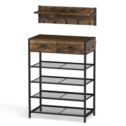 Multifunctional Entryway Storage - 5-Hook Coat Rack 2-Drawer Shoe Stand With 4 Mesh Shelves