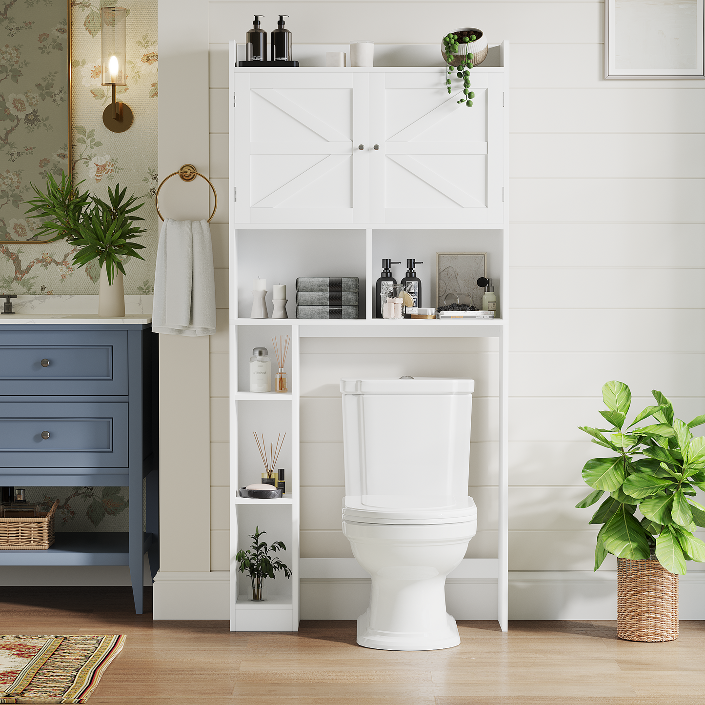 Over-The-Toilet Storage Cabinet With Adjustable Shelf, Bathroom Space Saver With Double Doors And Open Shelves, Freestanding Toilet Organizer Rack For Bathroom Storage  White