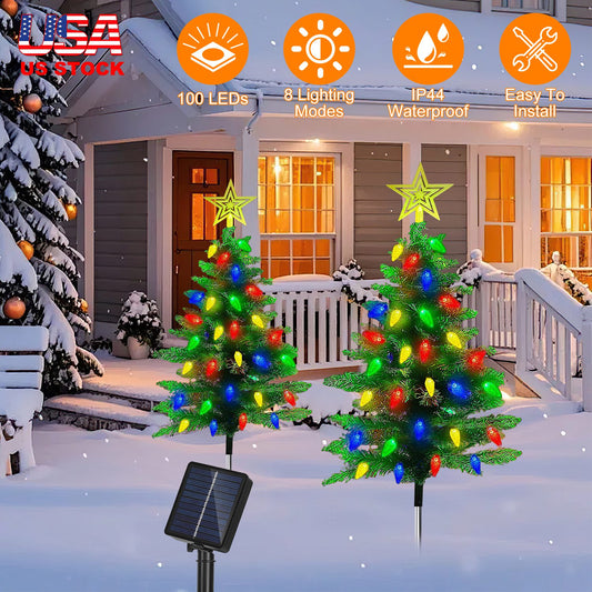 2Pack 37.4in Height Solar Christmas Tree With 1 Hundred Colorful LED Beads 8 Lighting Modes For Xmas Decoration IP44 Waterproof Outdoor Pathway Stake Light For Lawn Garden Yard Patio