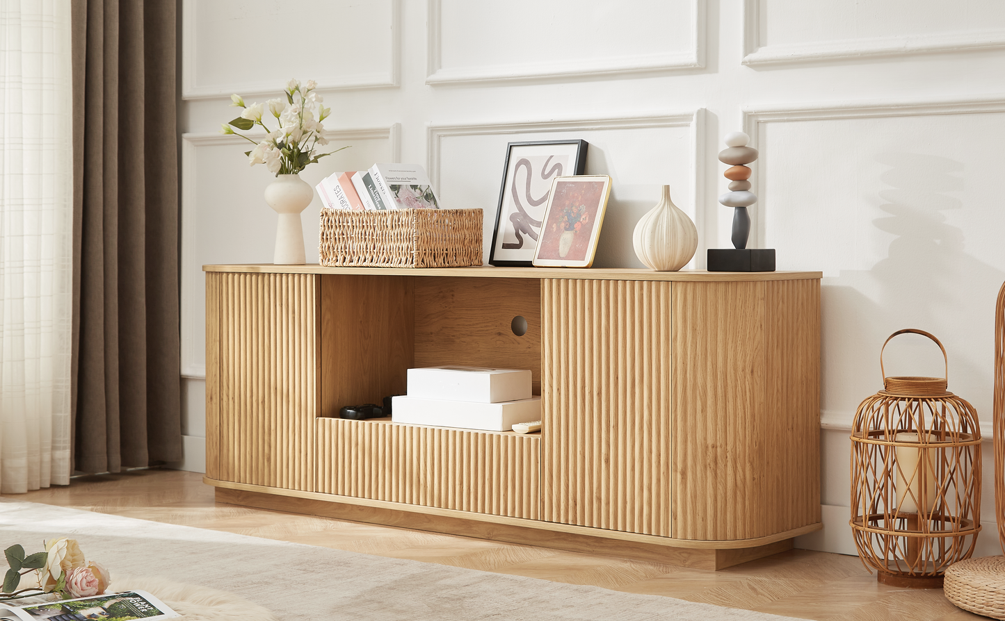 64-Inch Wavy TV Stand, Rounded Sideboard, Storage Cabinet, Wooden Vertical Stripe Cabinet For Living Room Bedroom Entryway. Natural,64''W X 15''D X 24''H.