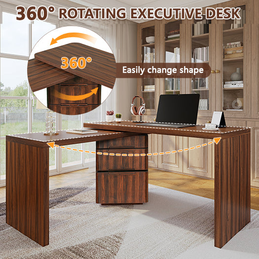90 Modern L Shaped Desk In Walnut With 3 Drawers,360 Wood Rotating Desk,Executive Office Desk,Corner Desk,Office Study Workstation,for Home Office Or Living Room