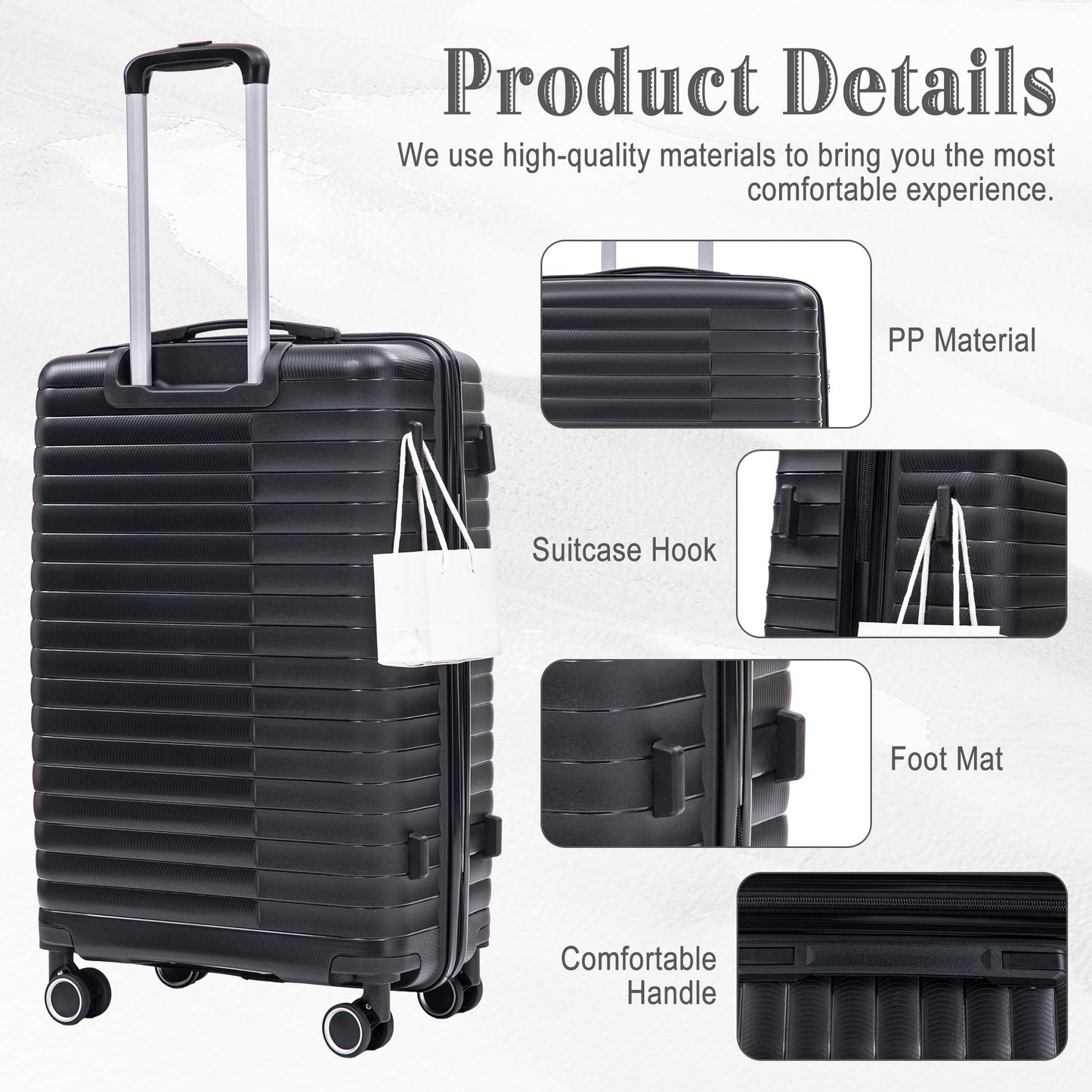 14  20  24  28  4 Pcs  Set In PP Spinner Wheel Luggage, Carry On Suitcase, Iron Pull Rod, Combination Password Lock, 14 Cosmetic Case Black