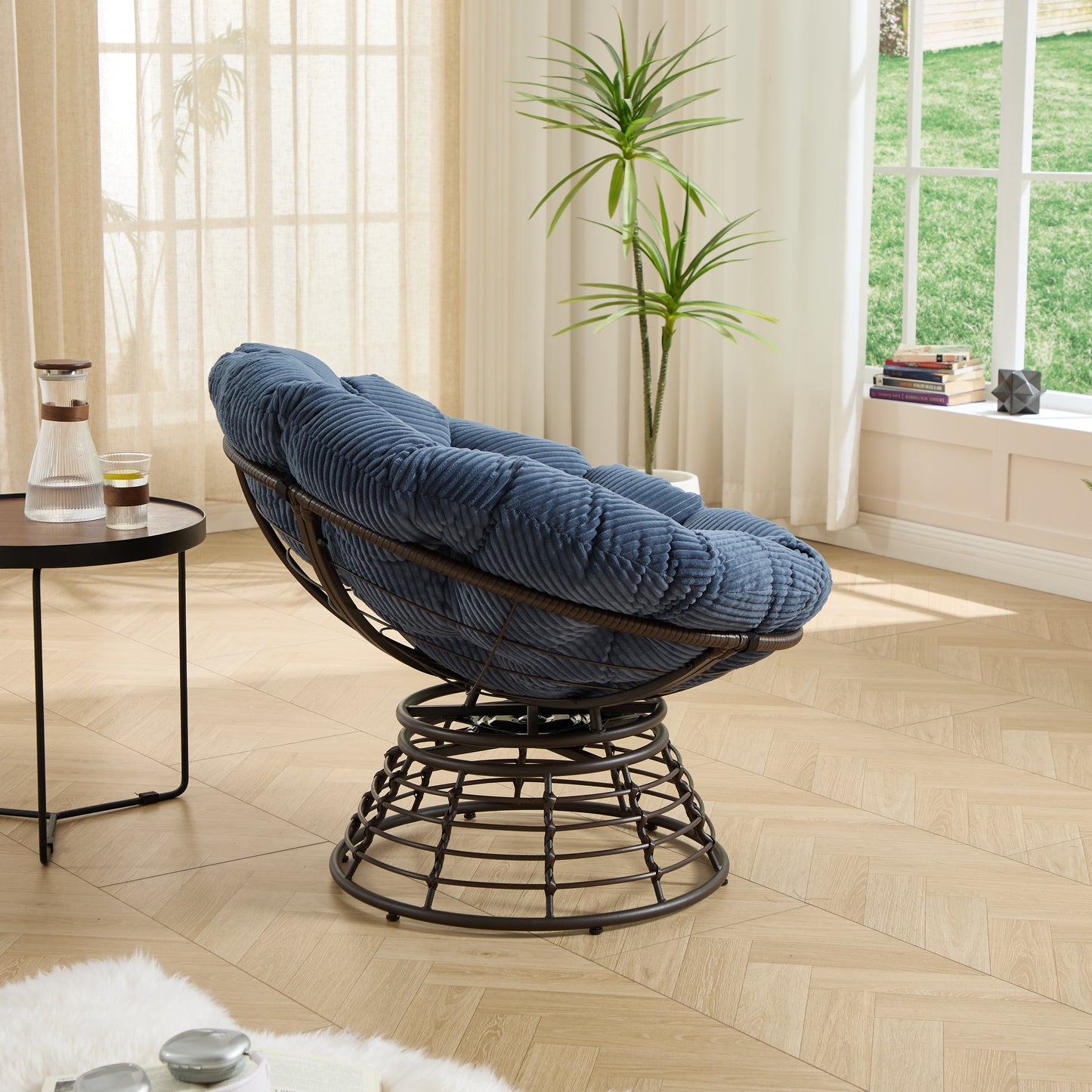 Comfortable Ergonomic Wicker Papasan Chair, 360 Swivel Indoor Outdoor Rattan Chair With Soft Thick Cushion, Ideal For Living Room, Bedroom, Reading Room, Brown Frame With Navy Blue Cushion