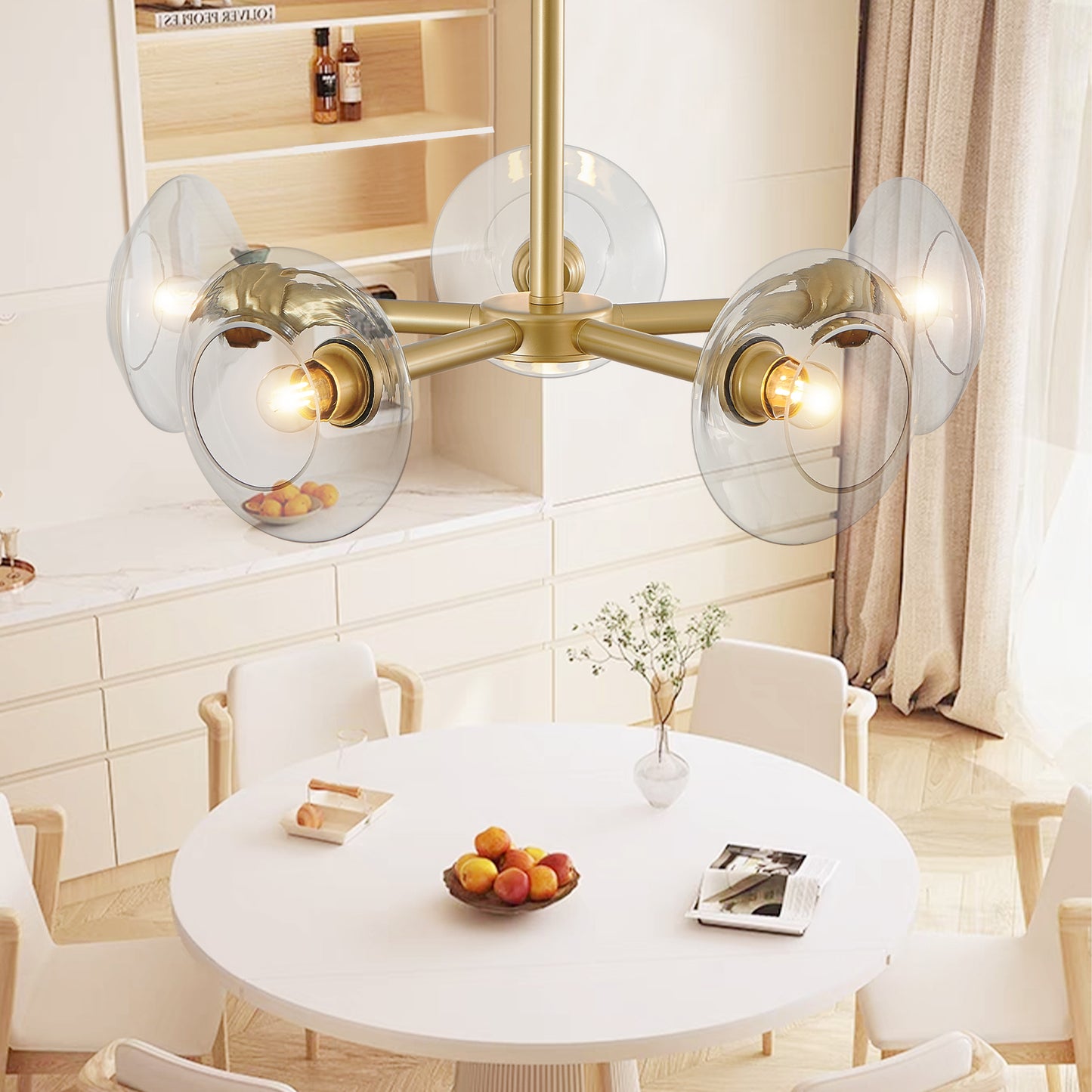 26  Modern Gold 5-Light Sputnik Chandelier With Clear Glass Shades, Mid-Century Hanging Pendant Light Fixture For Dining Room, Living Room, Or Kitchen Bulb Not Included