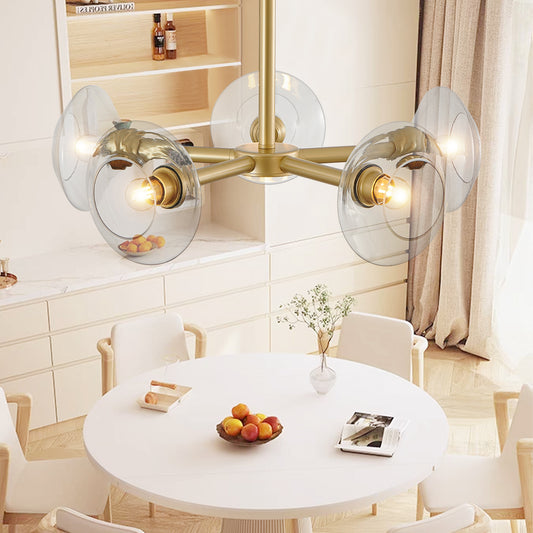 26  Modern Gold 5-Light Sputnik Chandelier With Clear Glass Shades, Mid-Century Hanging Pendant Light Fixture For Dining Room, Living Room, Or Kitchen Bulb Not Included