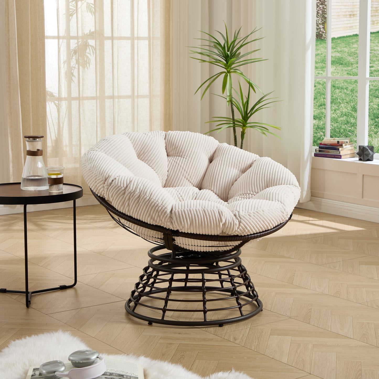 Comfortable Ergonomic Wicker Papasan Chair, 360 Swivel Indoor Outdoor Rattan Chair With Soft Thick Cushion Ideal For Living Room, Bedroom, Reading Room, Brown Frame With White Cushion