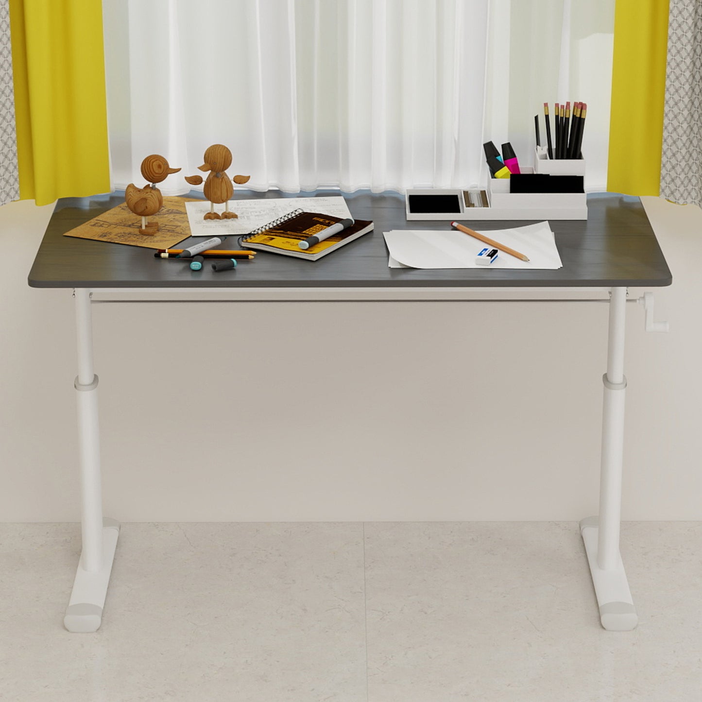 Adjustable Study Desk Suitable For Children And Adults, Height Adjustable, Multifunctional Home Office Desk Compact Design, Desktop Dimensions 60cm X120cm, White Frame, Gray Tabletop.