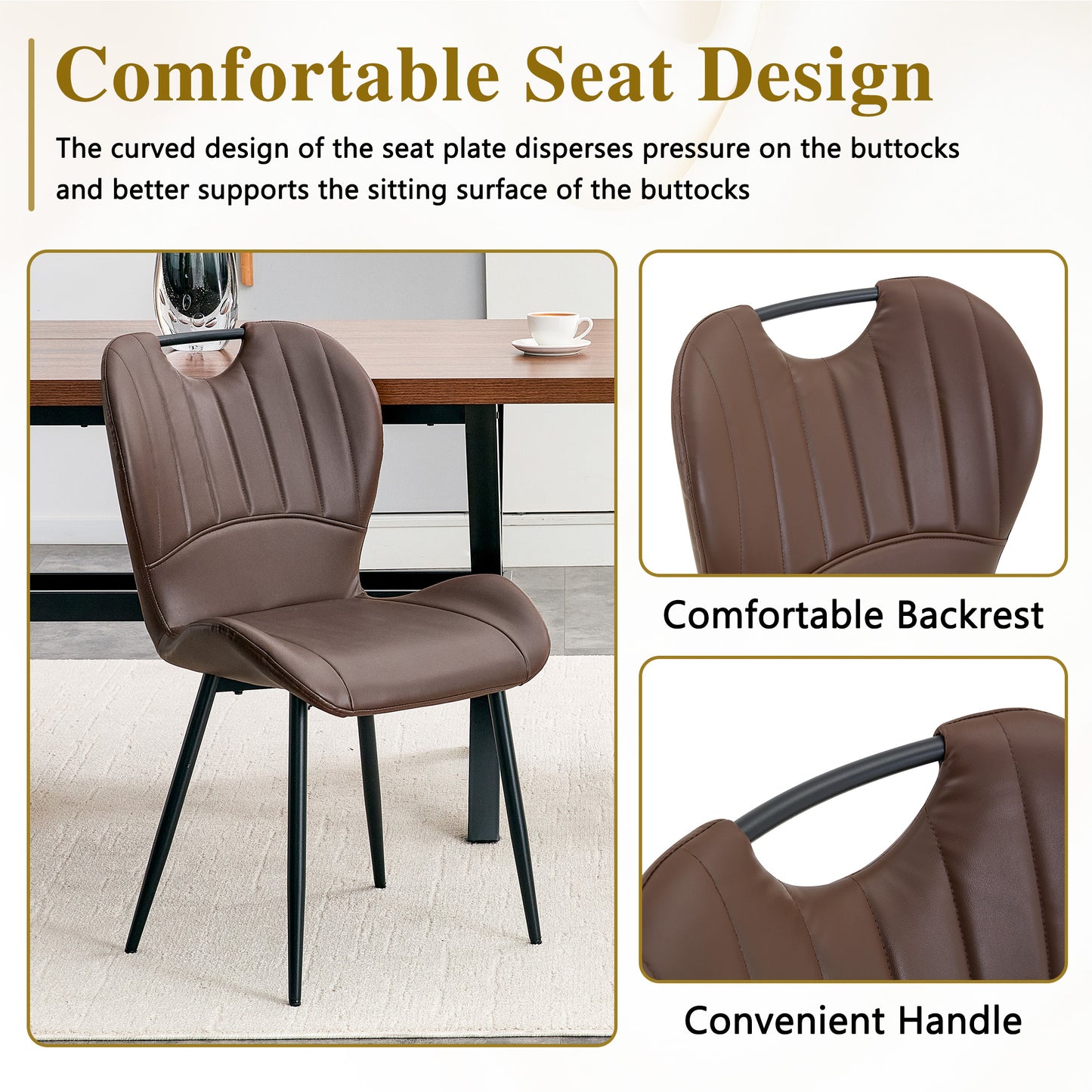 Set Of 4 Brown PU Dining Chairs With Integrated Handle. Black Metal Frame, Adjustable Leveling Feet. Home Dining Chairs With Extra-Wide Comfortable Cushion, Versatile For Multiple Scenarios.