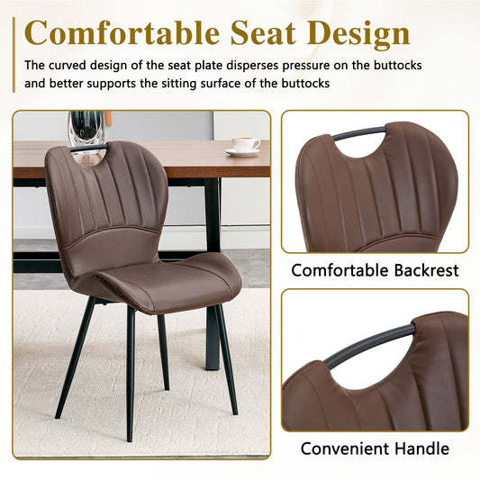Set Of 4 Brown PU Dining Chairs With Integrated Handle. Black Metal Frame, Adjustable Leveling Feet. Home Dining Chairs With Extra-Wide Comfortable Cushion, Versatile For Multiple Scenarios.