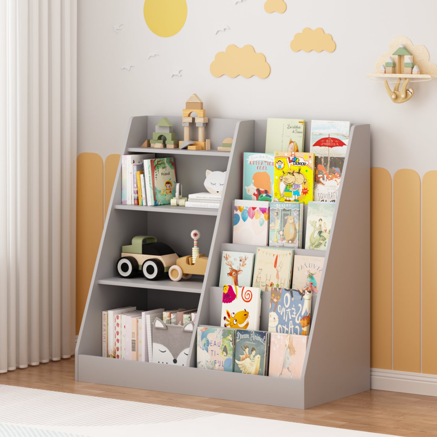 Kids Bookshelf And Toy Storage Organizer, Multifunctional 4 Tier Wooden Kids Book Shelf With  Bookcase Display Stand In Kids Room Playroom Nursery For Kids, Children, Toddlers  Gray