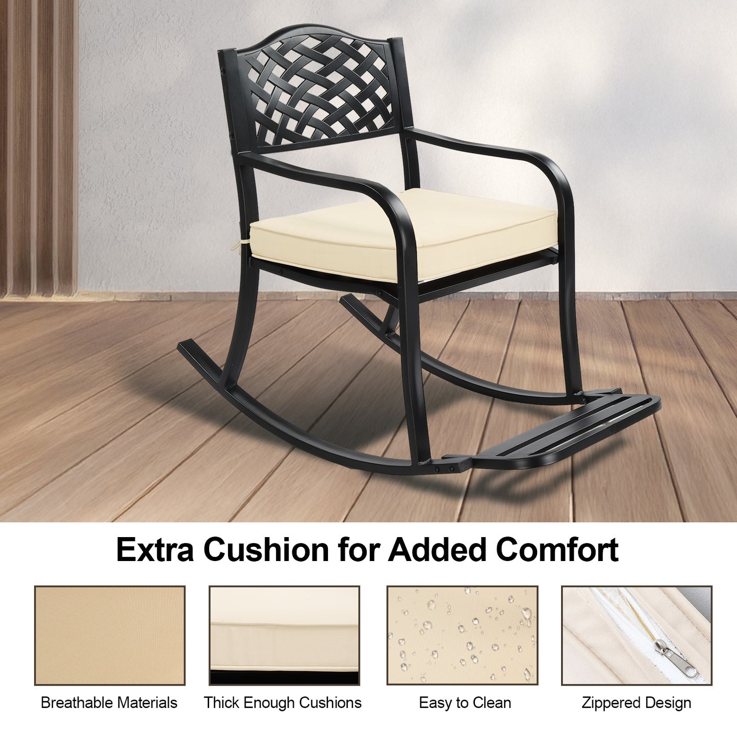 Metal Rocking Chair, Outdoor Rocking Bench With Cushion, Patio Rocker With Footrest, Weatherproof Rocking Chair For Outside, Patio, Garden, Hole Backrest