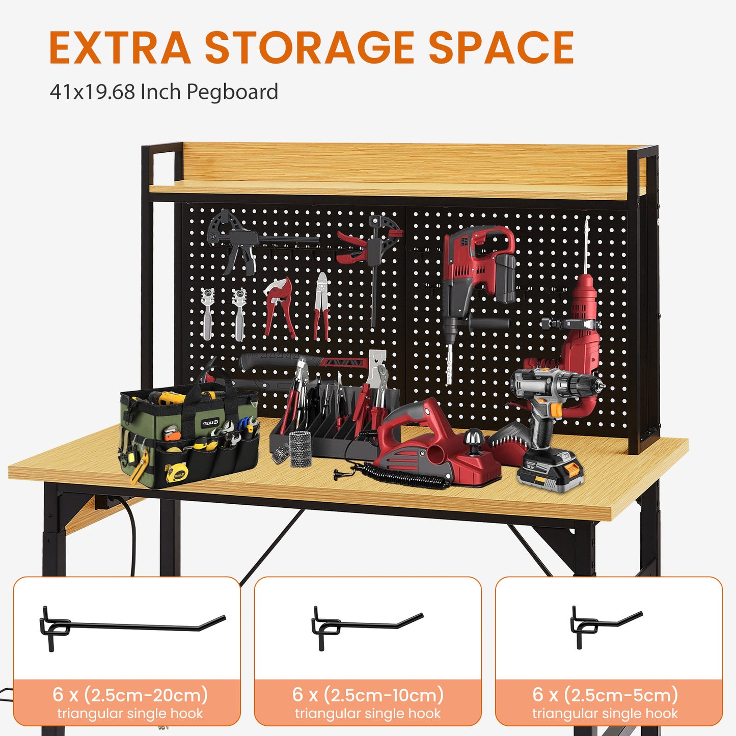 48  Adjustable Workbench With Pegboard, Heavy Duty Wooden Desktop Workbench With Wheels, 1600 Lb. Load Capacity, Rolling Workbench With AC USB Outlet, Hooks, Shelf, For Garage, Workshop, Office, Home.