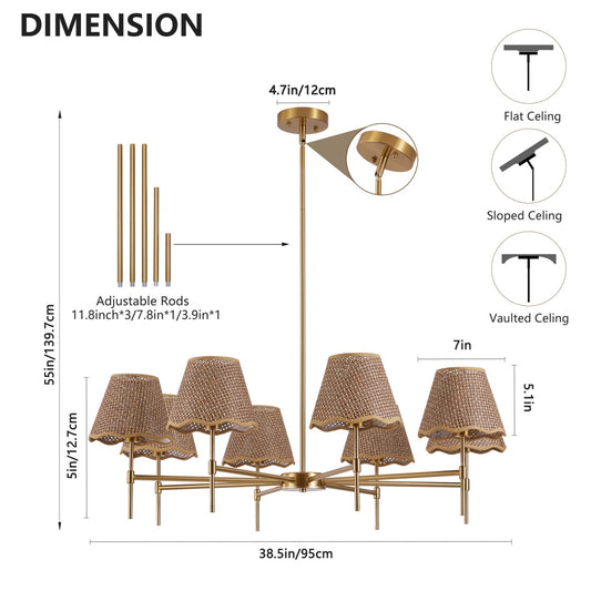 Golden Farmhouse Pendant Light 8-light Bohemian Pendant Light 38.6, Using Large Rural Rattan Pendant Light Fixtures With Adjustable Height Hangers, Suitable For E12 Base Bulb Not Included