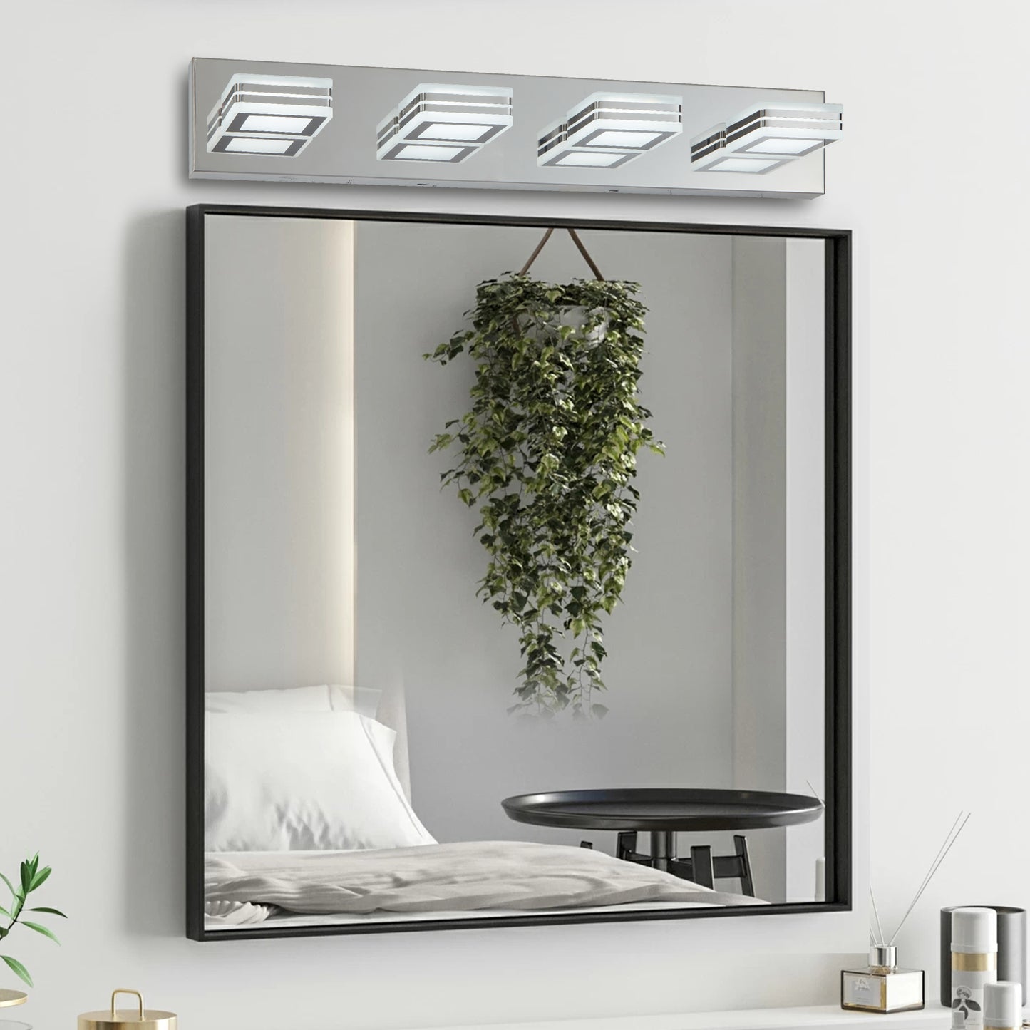 26  Modern Chrome 4-Light LED Vanity Light, Square Acrylic Lampshades Wall Mount Fixture For Bathroom, Mirror Lighting