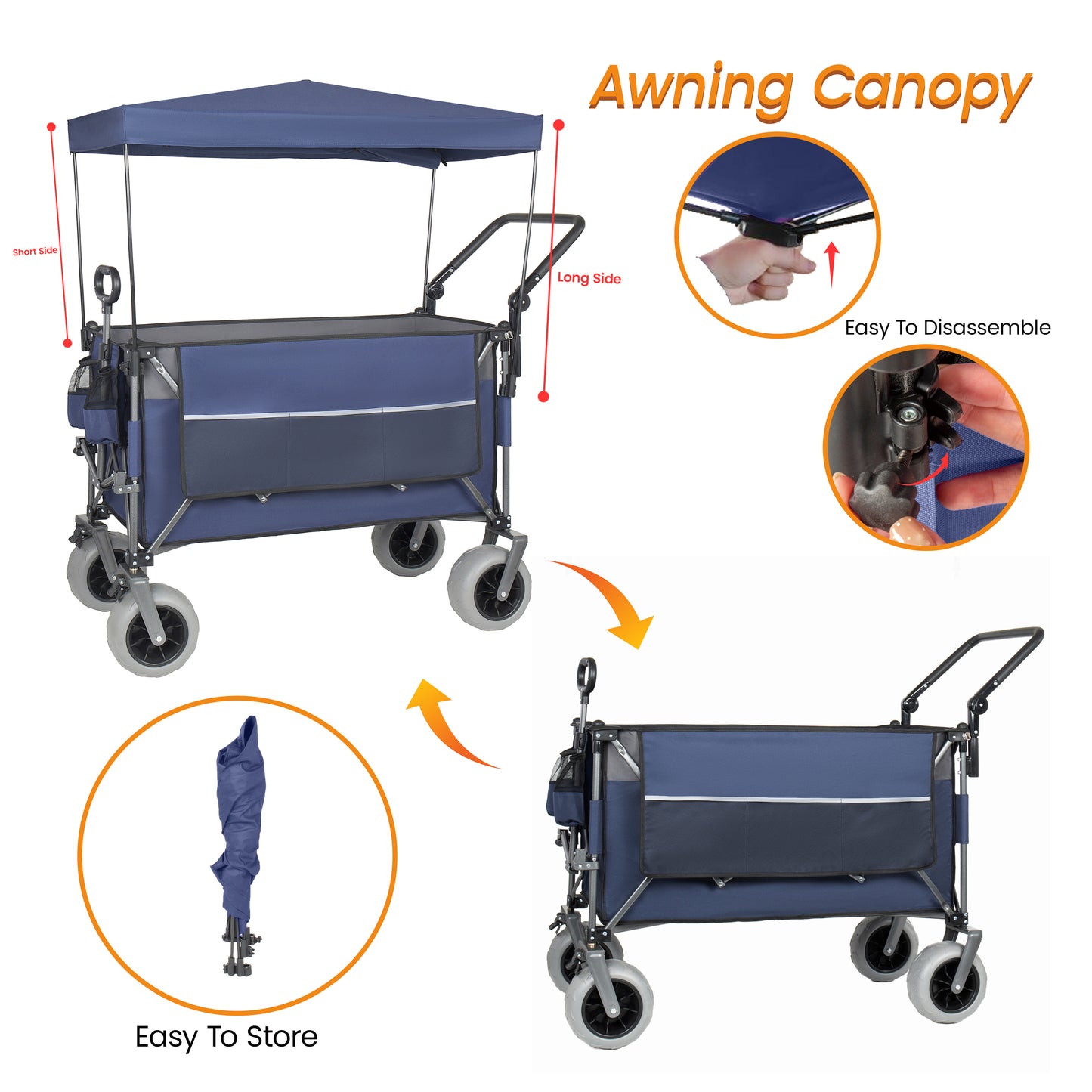 Multi- Functional Push- Pull Folding Wagon Cart With Rotating Handle & Canopy  9 X4  Beach Tires For Camping & Beach  Load Capacity 480lbs  300L Large Capacity For Transport  Groceries  Outdoor Use