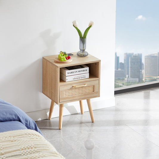 15.75  Rattan End Table With Power Outlet  & USB Ports , Modern Nightstand With Drawer And Solid Wood Legs, Side Table For Living Room, Bedroom,natural