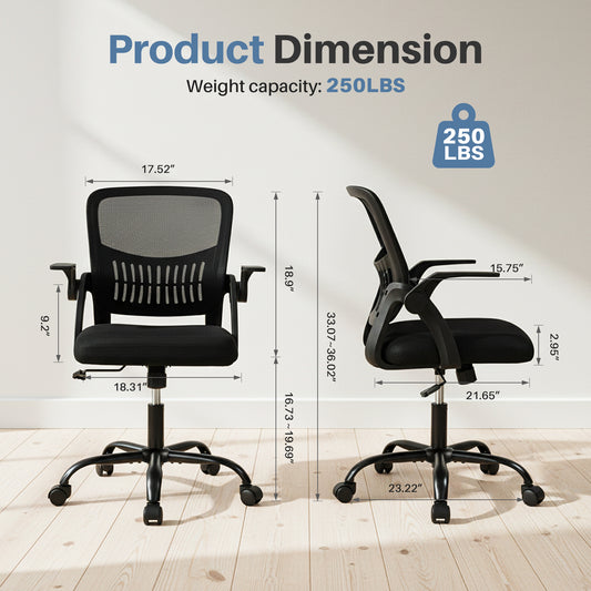 The Flip-up Armrest Fabric Computer Desk Chair With Adjustable Rotating Backrest Offers Comfortable Lumbar Support.