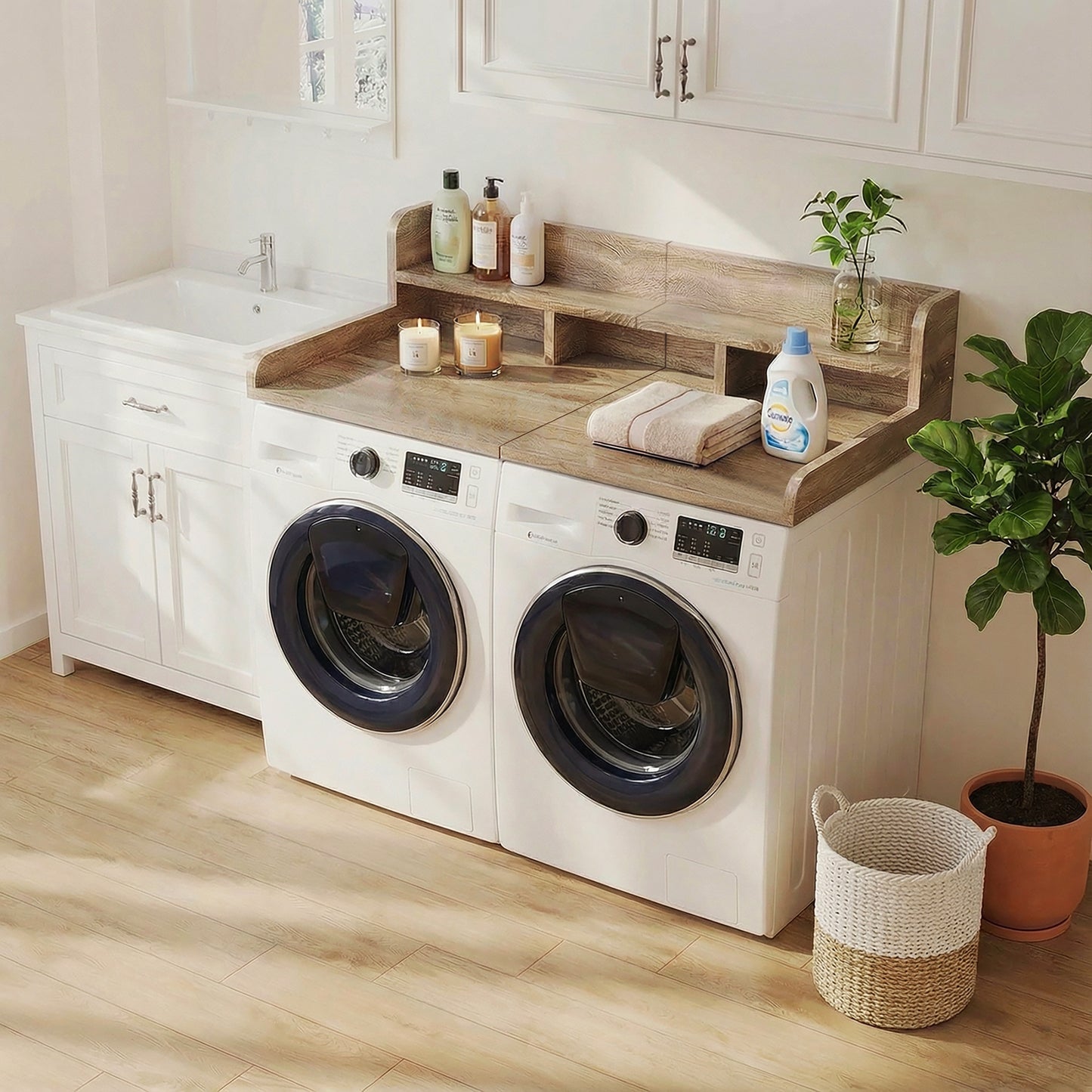 Washer Dryer Countertop With Non-slip Pads, Laundry Wood Shelf Topper With Edge, 54 Width X 27.5 Depth Double Layer Organizer For Washer And Dryer Laundry Hamper Counter Storage Sandy Brown Color